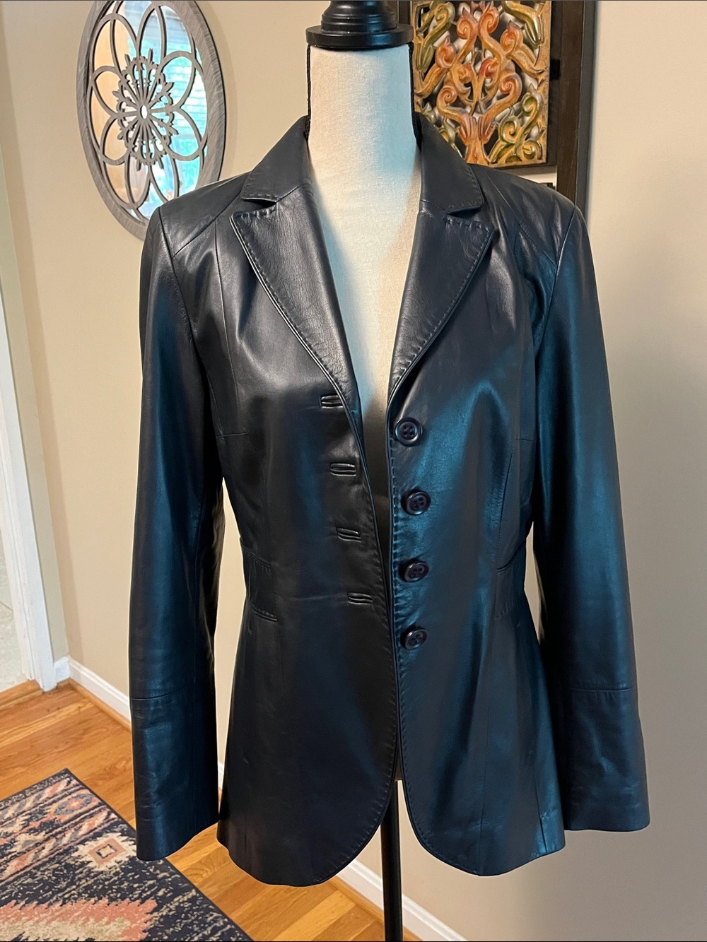 Black Leather Button-Front Women's Jacket from Italian company Zenobia, 8 USA